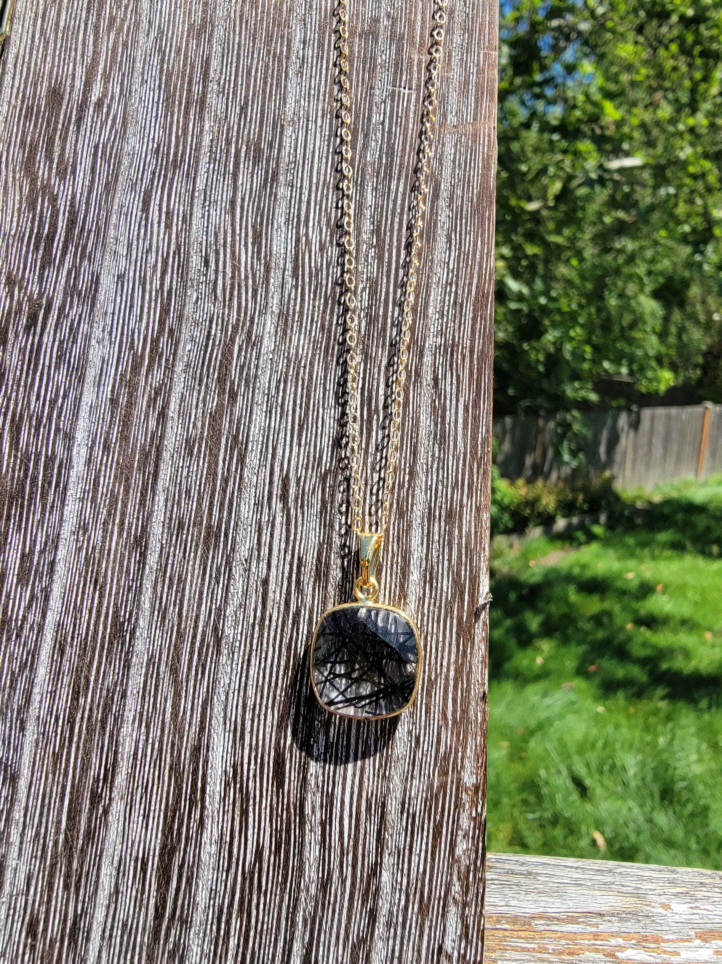 Square Faceted Black Rutile Stone & 18" 18k Gold-filled Chain Necklace