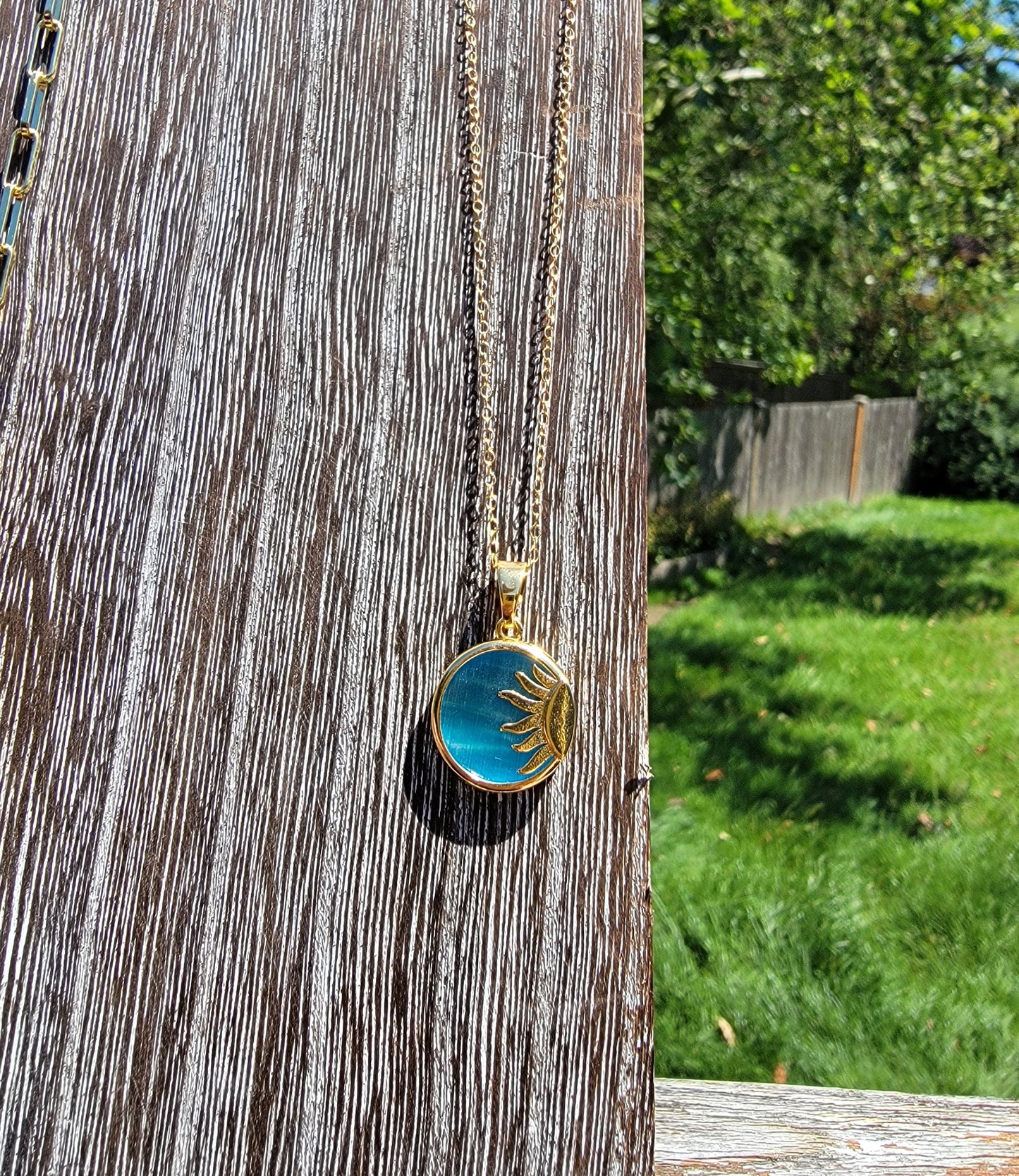 Blue and Gold-filled Sun Circle Pendant on 16" 18k Gold-filled Chain Necklace