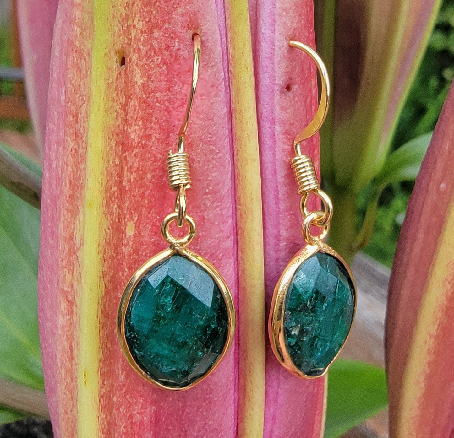 Natural Emerald Diamond Shape and 18k Gold Filled Drop Earrings