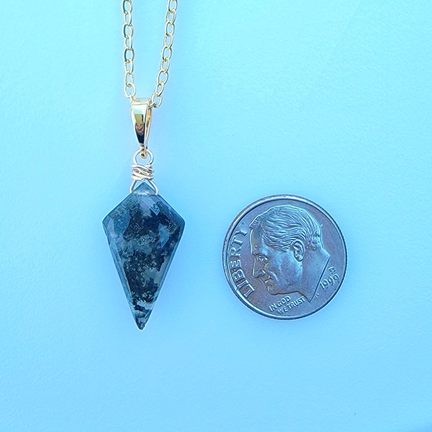Moss Agate Hand-faceted Kite Stone Pendant on Gold-filled Chain Necklace