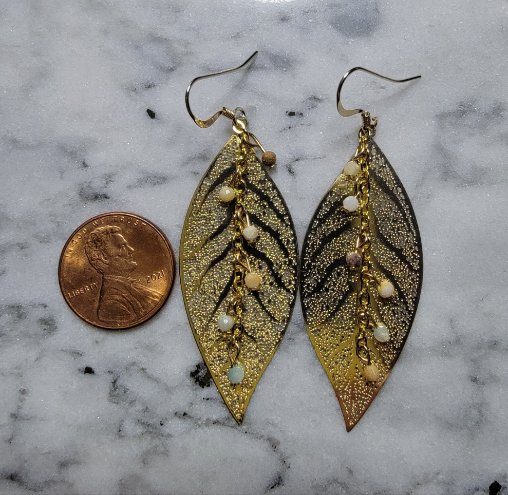 Amazonite Skeleton Leaf Tassel Earrings | 2.5 inch Drop Length | Gold Leaf | 14K Gold Filled | Statement Dangle Earrings