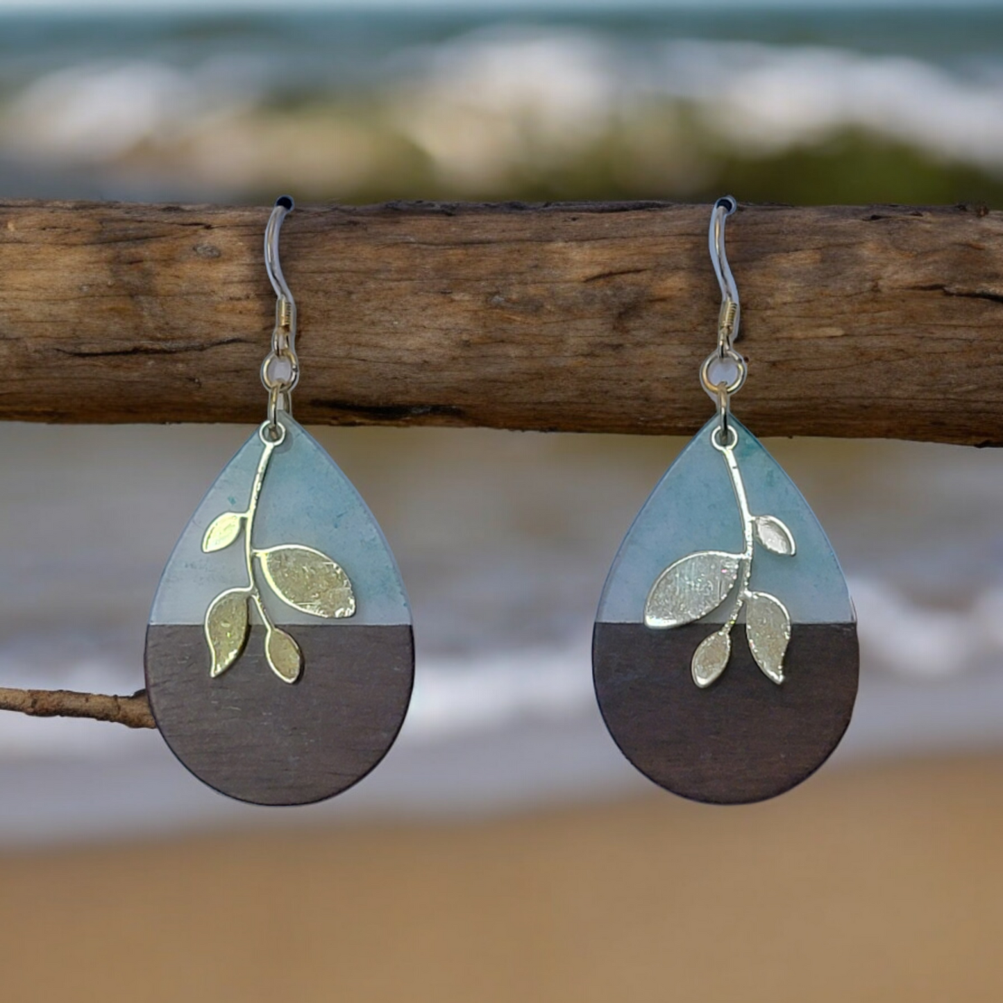 Sea Meets Land - Teardrop mixed media willow resin & gold earrings