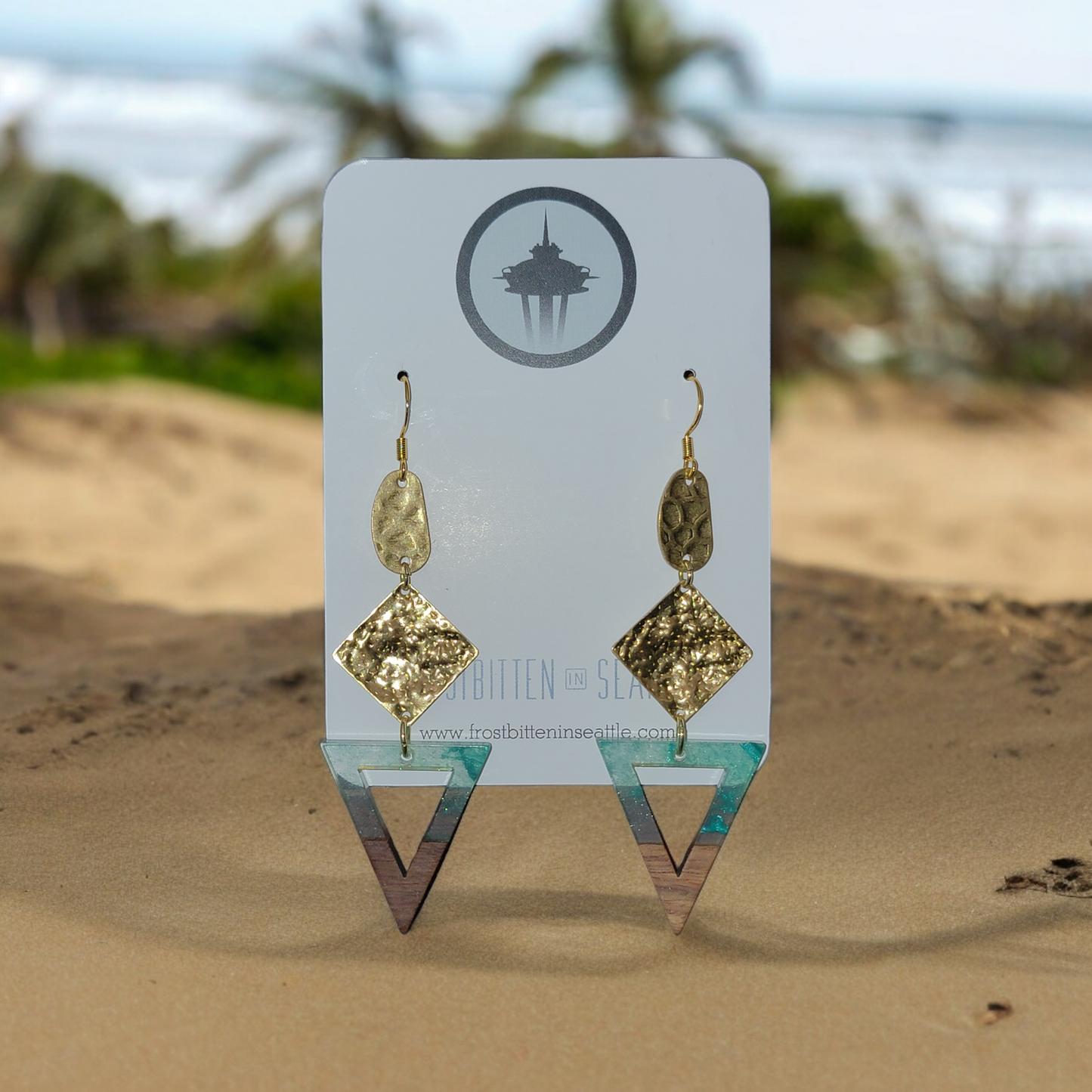 Sea Meets Land - Triangle & hammered geometric pieces mixed media resin & gold earrings