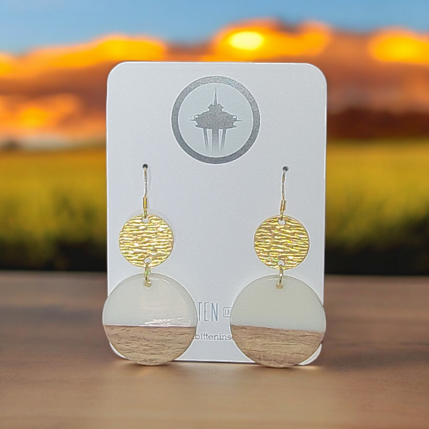 Sunset Dreams - White and gold mixed media circle drop earrings
