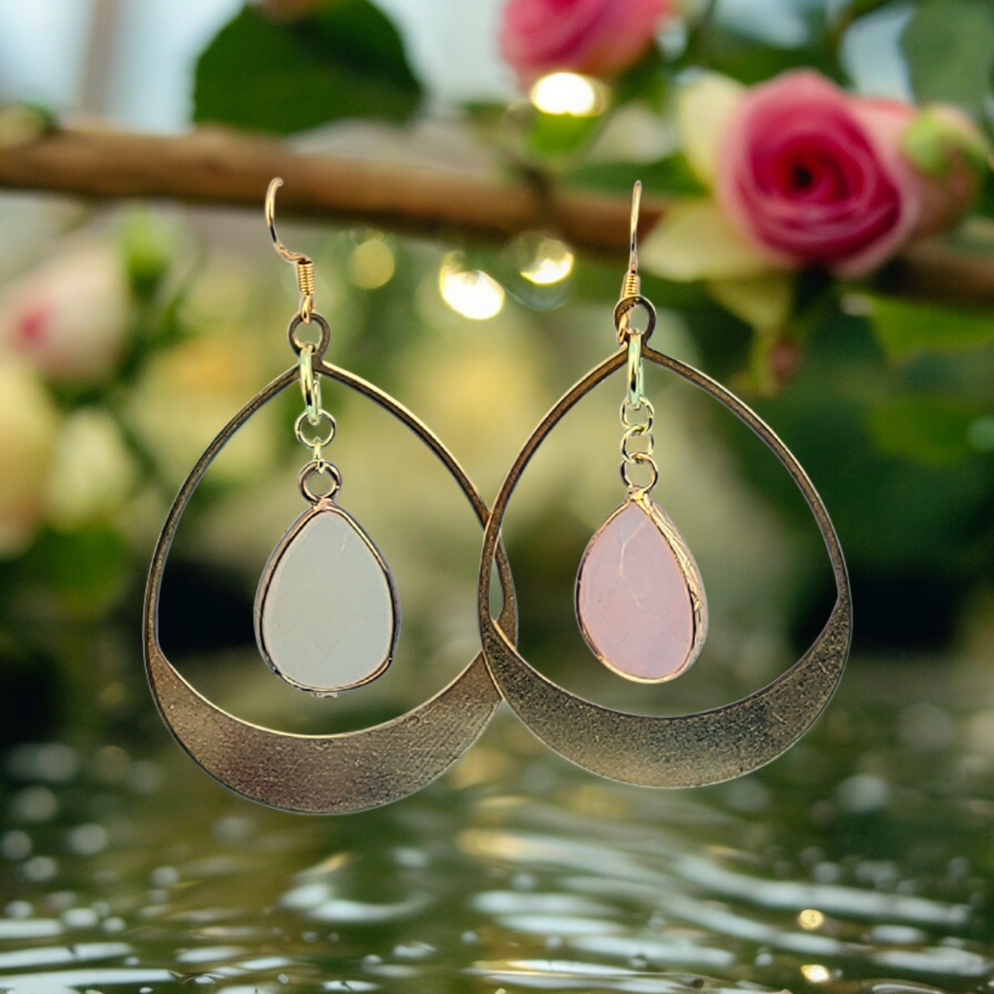 Rose Quartz & Gold Hoop Dangle Earrings