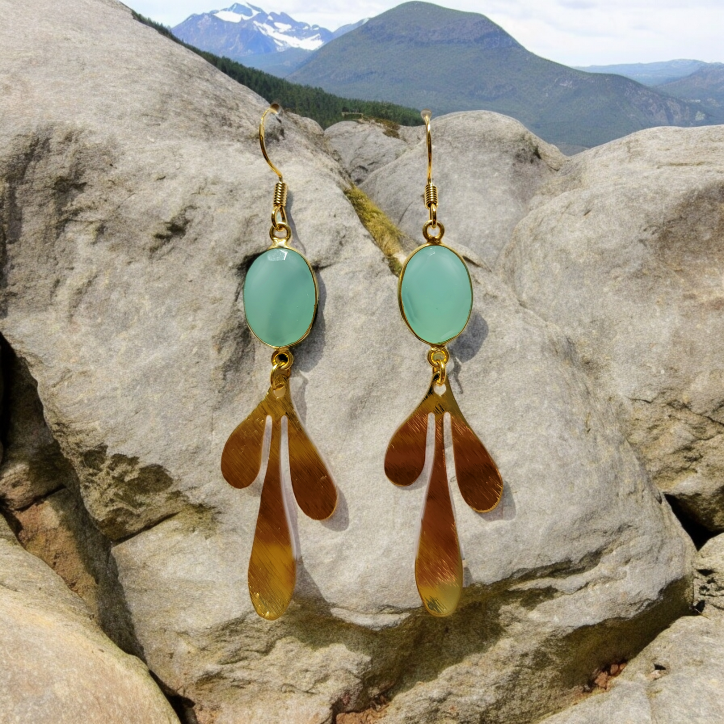 Aqua Chalcedony & 18k Gold-filled Bezel with 18k Gold-plated Leaf Drop Earrings