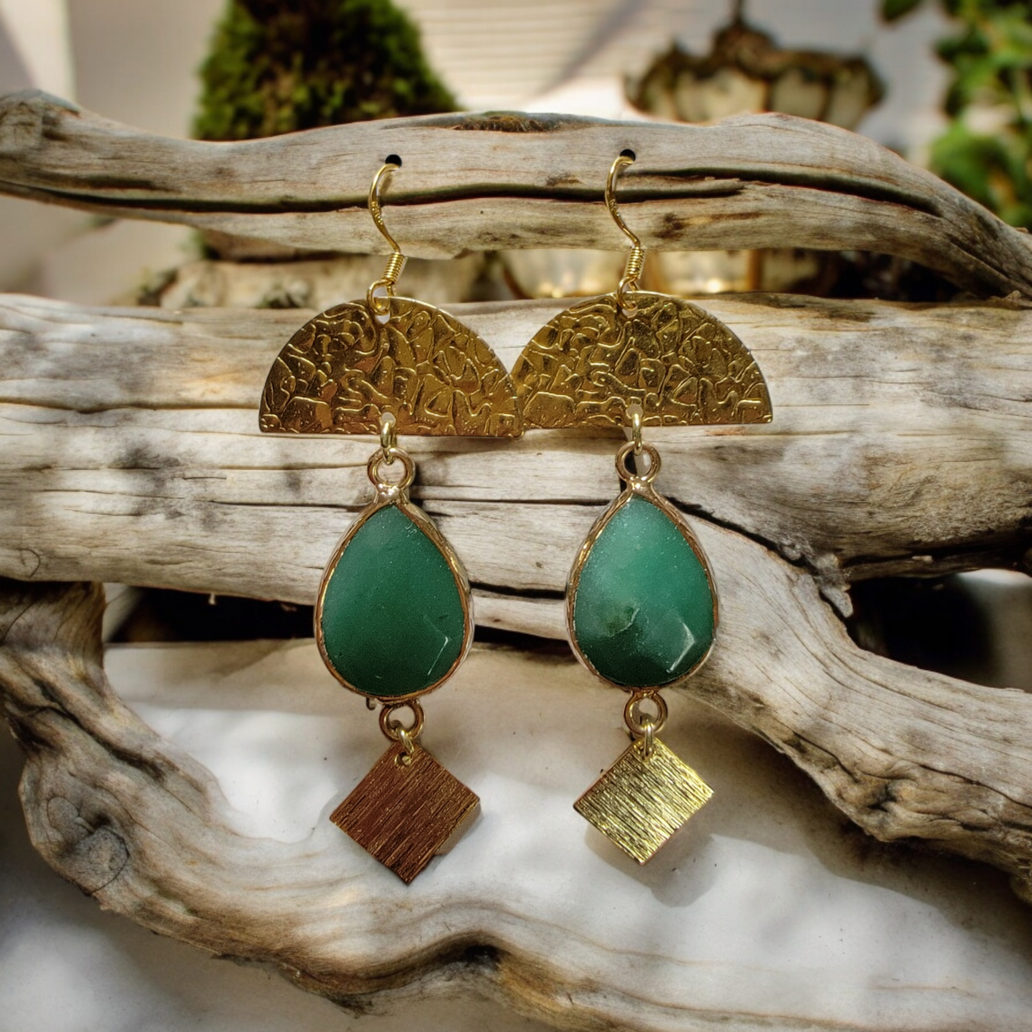 Geometric Green Jade and 18k Gold-filled Drop Earrings