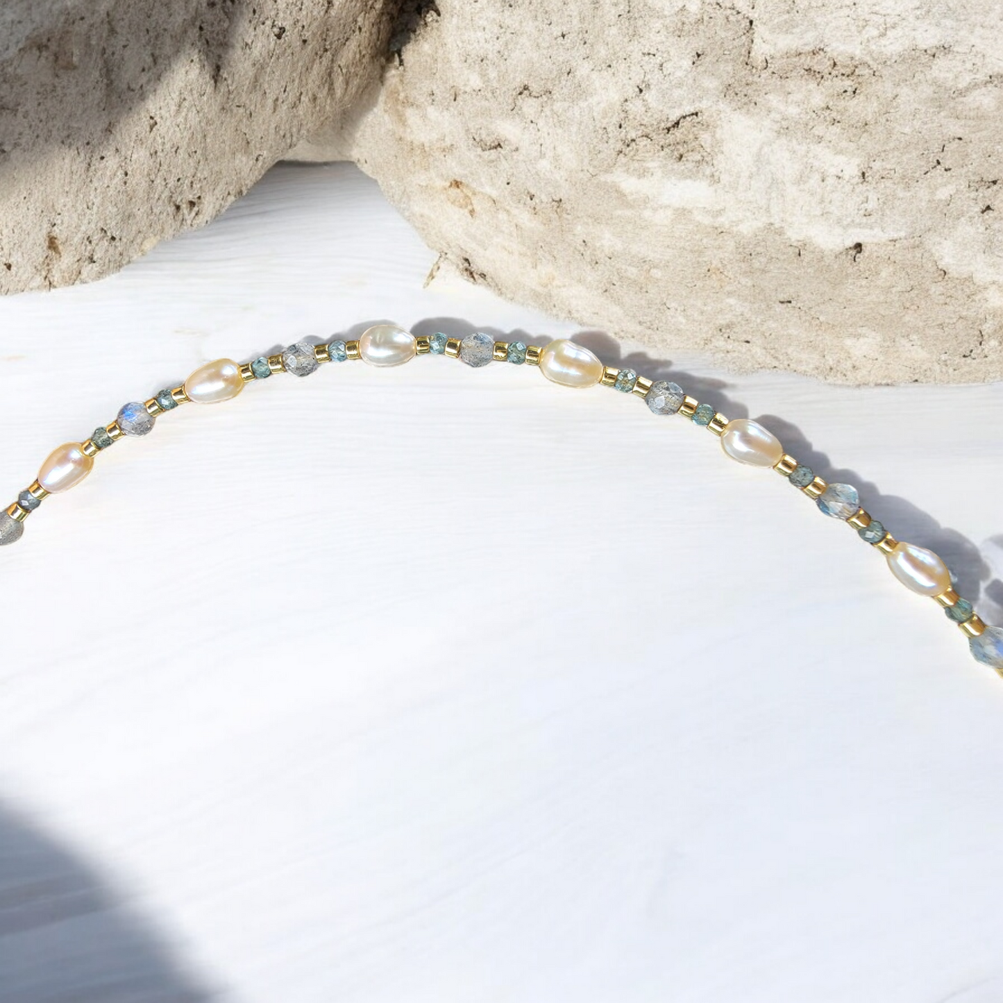 Peach Pearl, Seafoam Apatite, Gold-plated Seed Bead, and Light Labradorite 16" Necklace