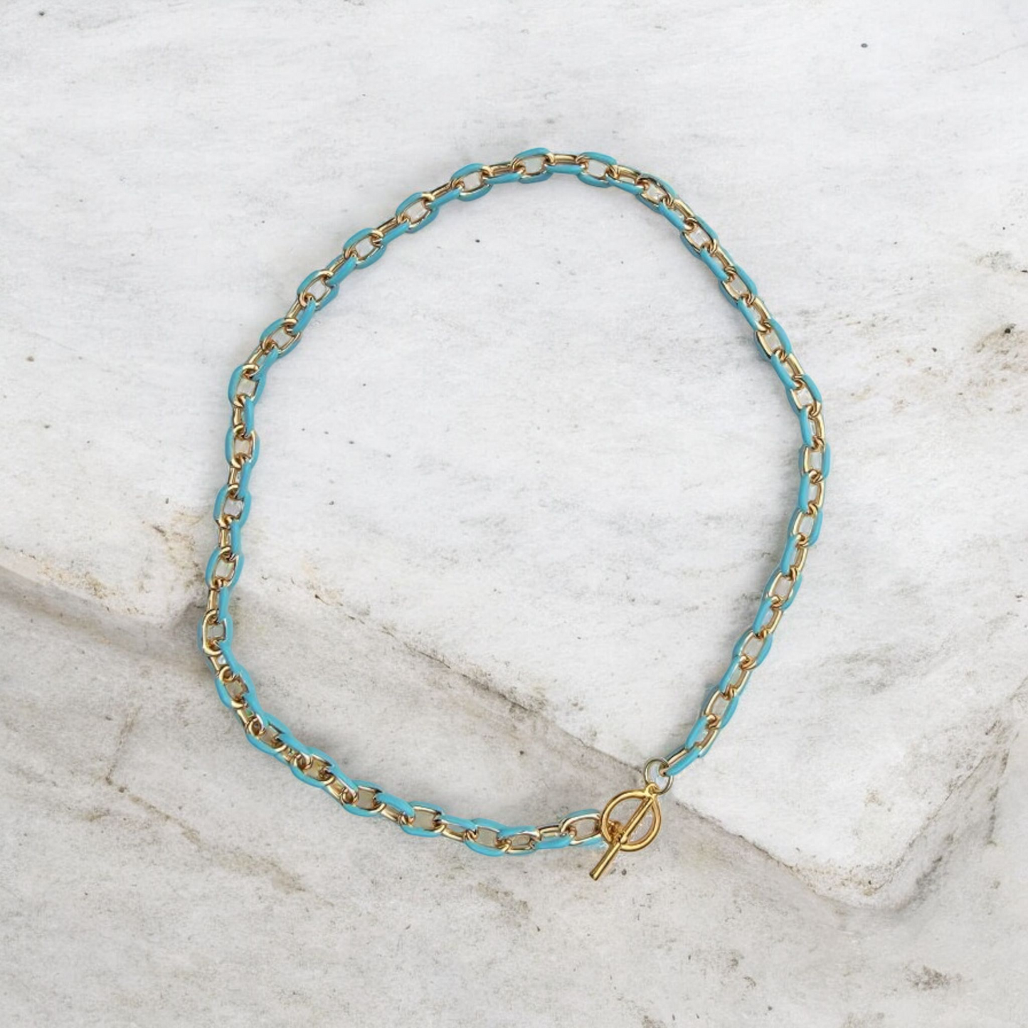Blue Enamel and 18k Gold Plated Stainless Steel Chain Necklace with Gold Plated Toggle Clasp