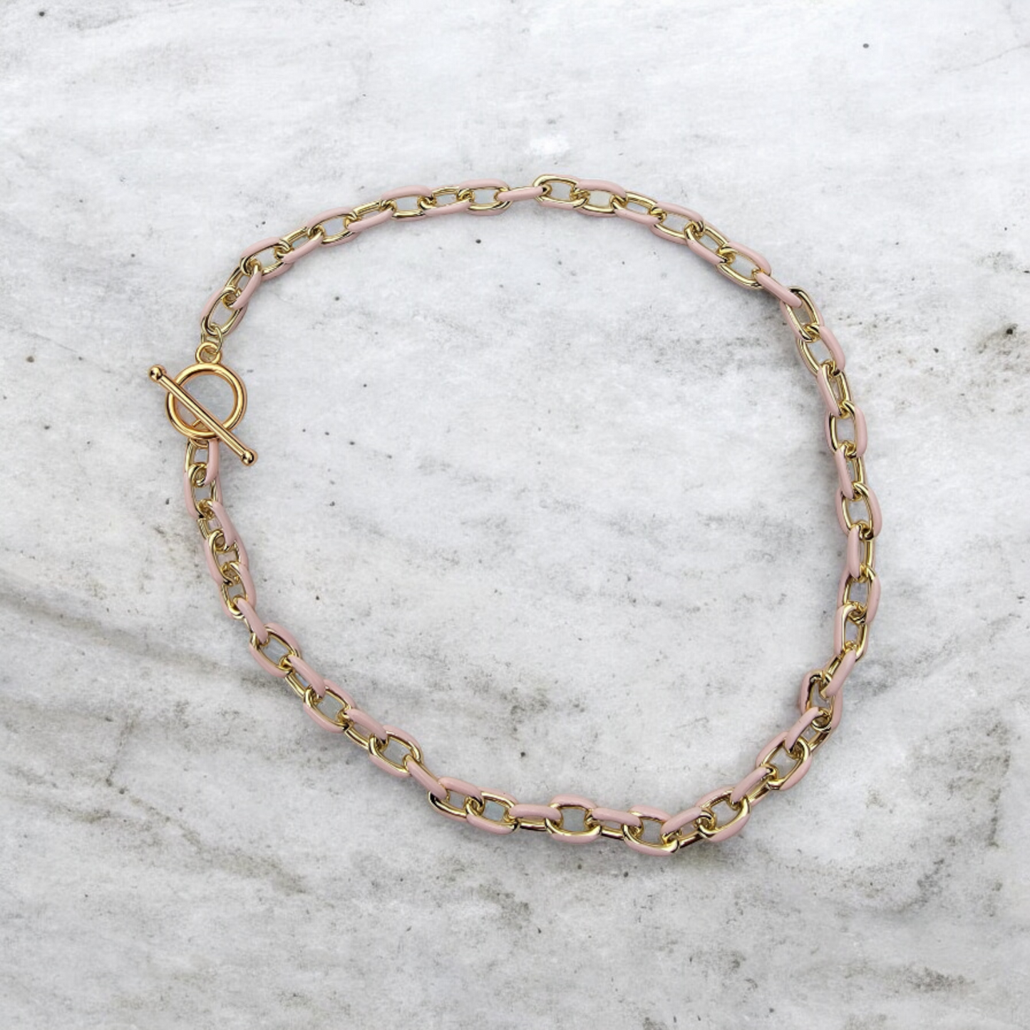 Pink Enamel And 18k Gold Plated Stainless Steel Necklace with Gold Plated Toggle Clasp