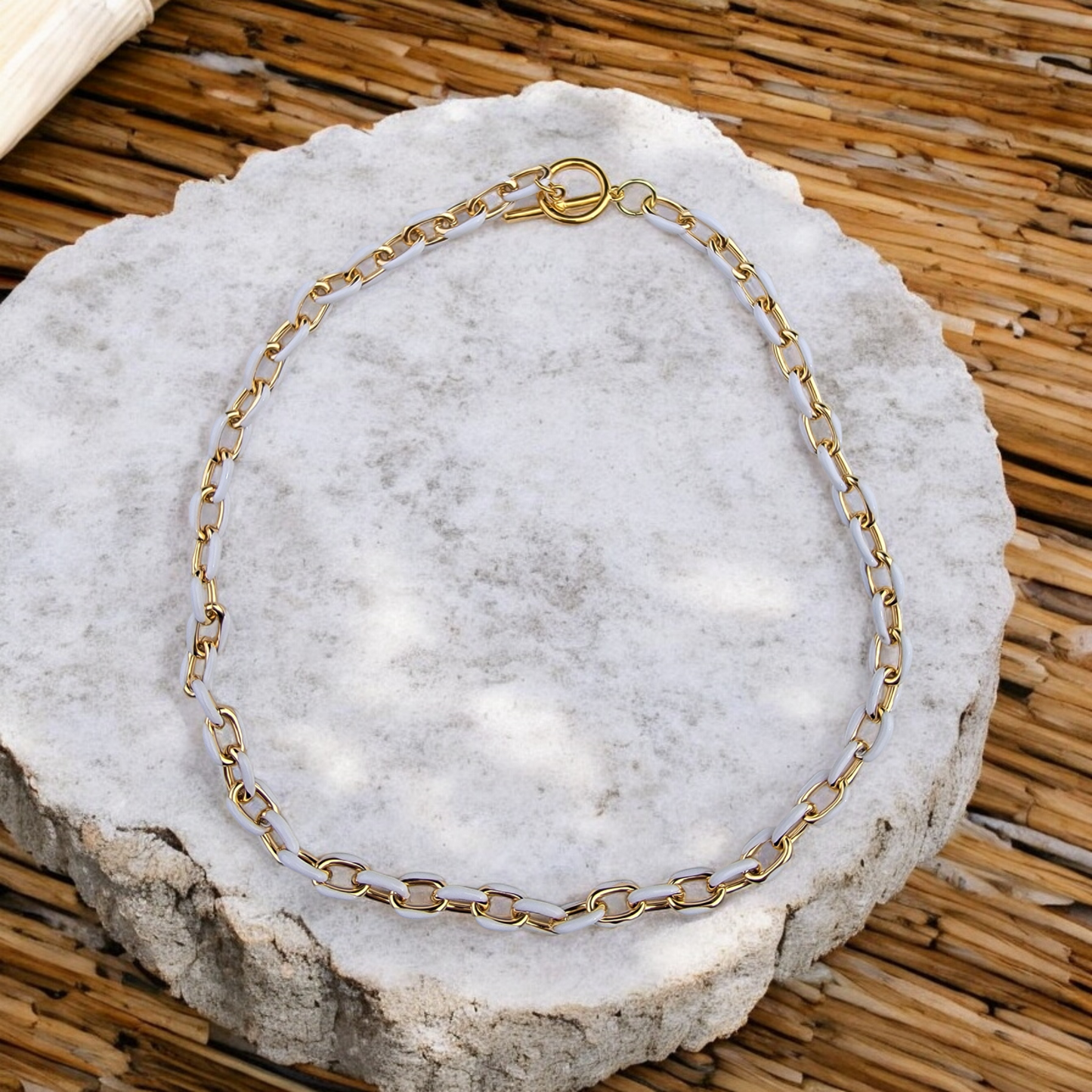 White Enamel And 18k Gold Plated Stainless Steel Necklace with Gold Plated Toggle Clasp