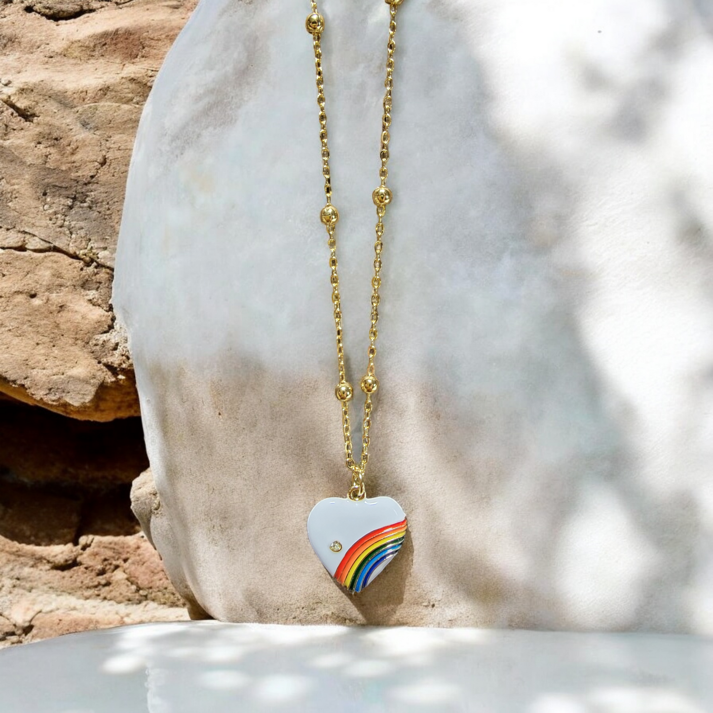 White and Rainbow Enamel Heart Necklace on 18" 14k Gold-filled Satelite Chain