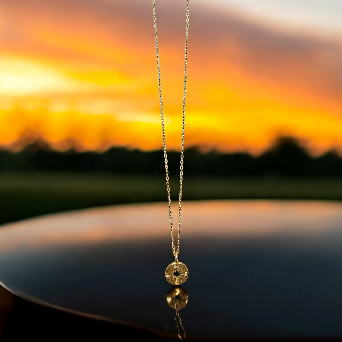 Small Compass Gold Plated over Sterling Silver Charm on 17" 14k Gold-filled Chain Necklace