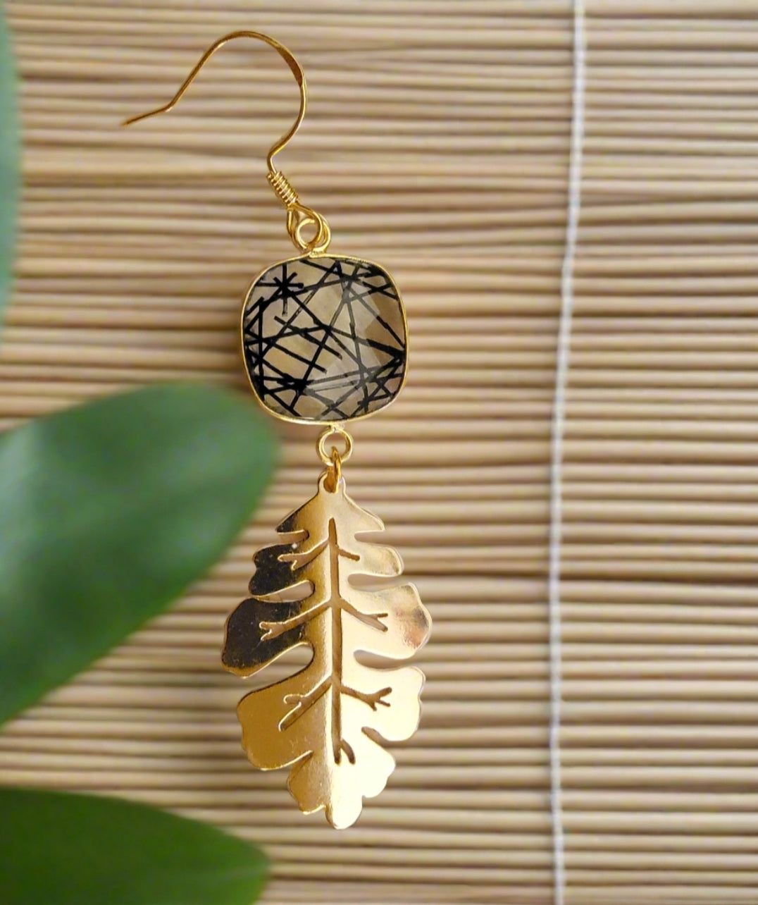 Black Rutile (Tourmaline Quartz) & Gold Leaf Drop Earrings
