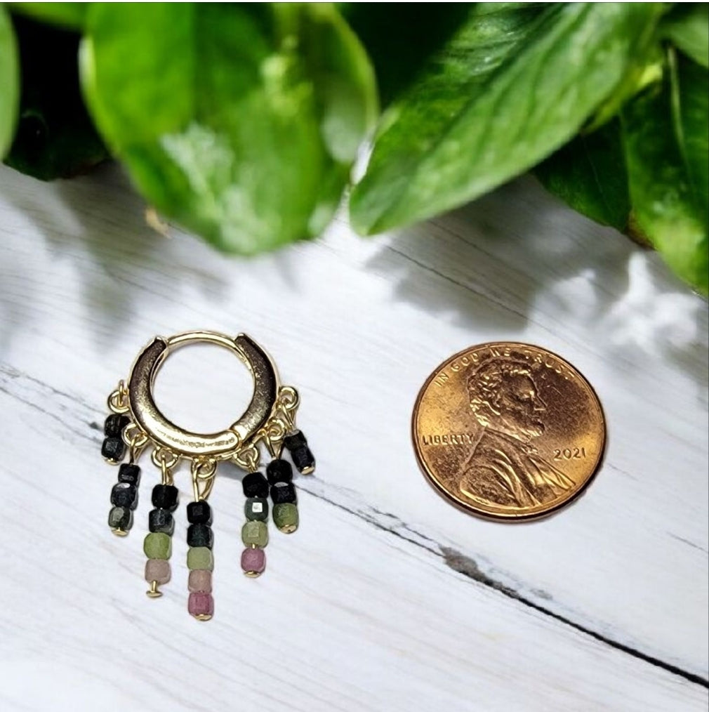Artisan Watermelon Tourmaline Ombre Huggie Chandelier Hoop Earrings | Genuine Gemstone