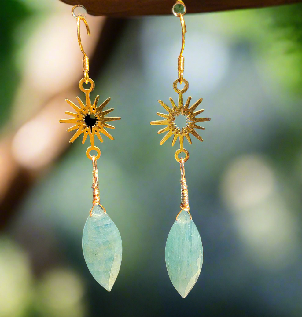 Briolette Natural Aquamarine Stone & Sun Charm Drop Earrings
