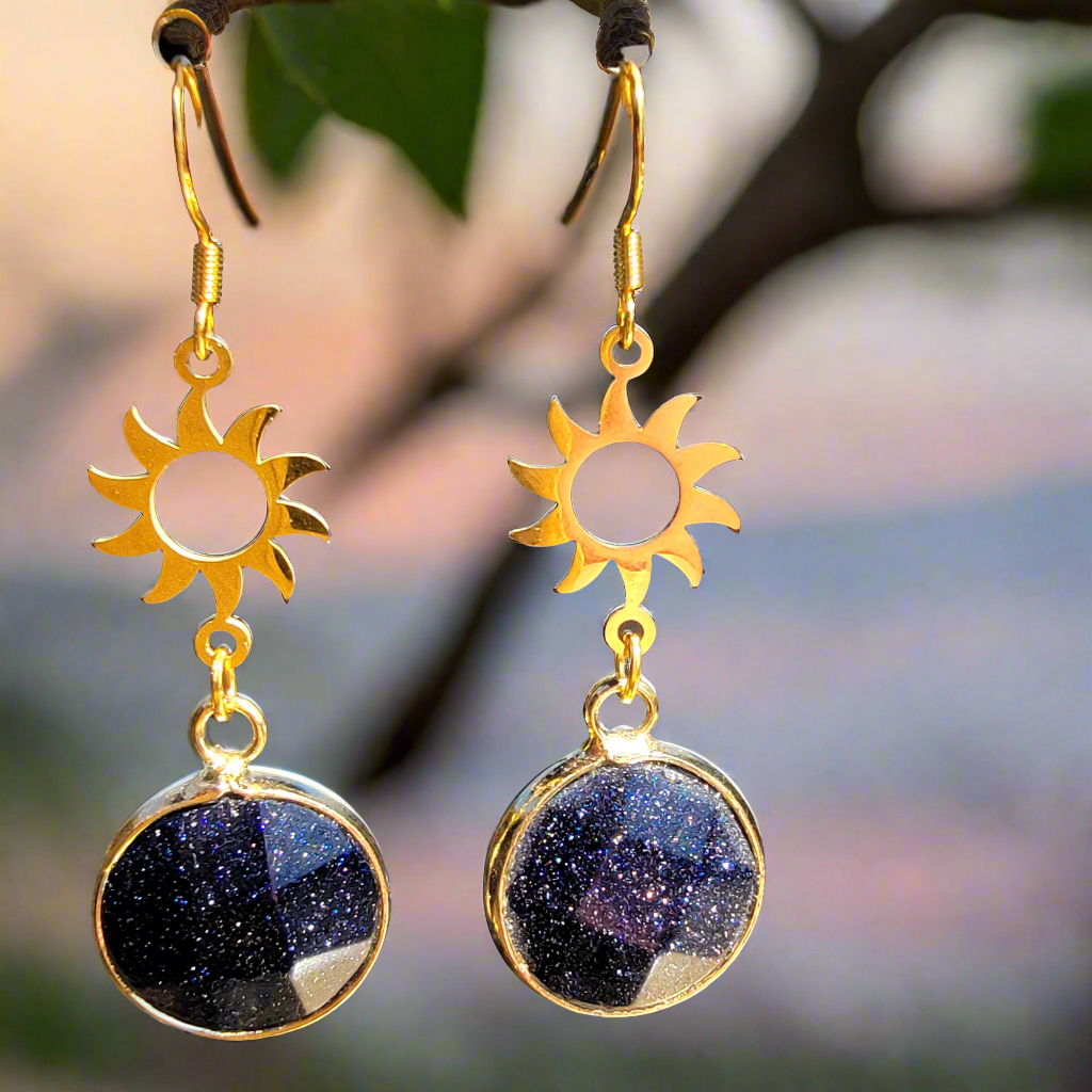 Dark Faceted Sunstone with 18k Gold Vermeil Bail & Gold-plated Brass Sun Drop Earrings