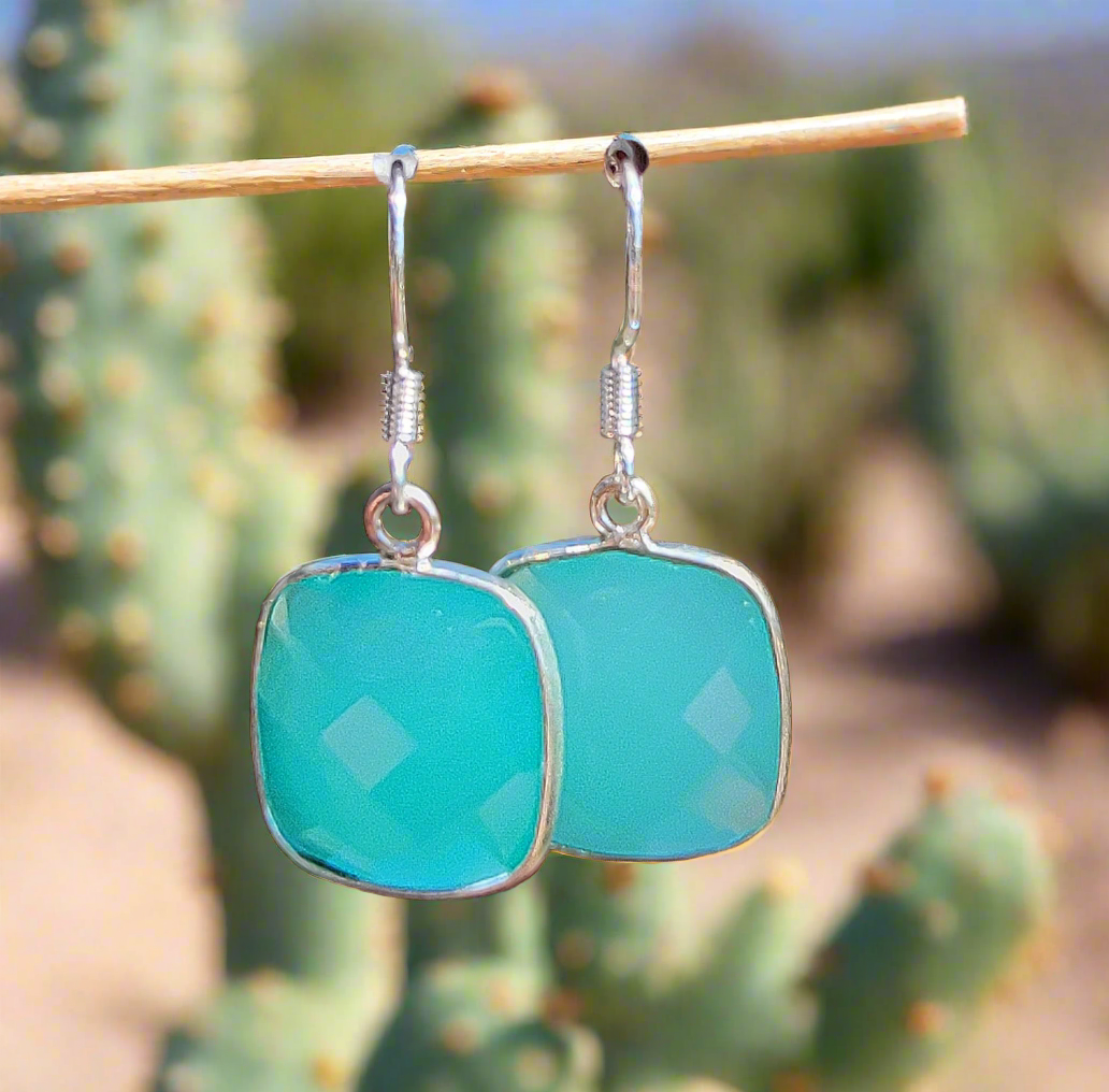 Sterling Silver Square Faceted Aqua Chalcedony Earrings