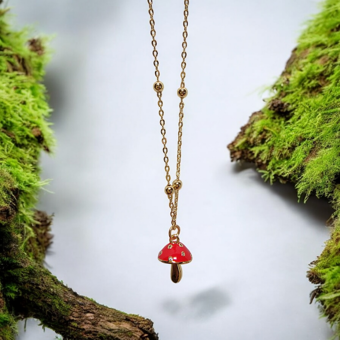 Red and Gold Mushroom Necklace - 18" 18k Gold-filled Satellite Chain