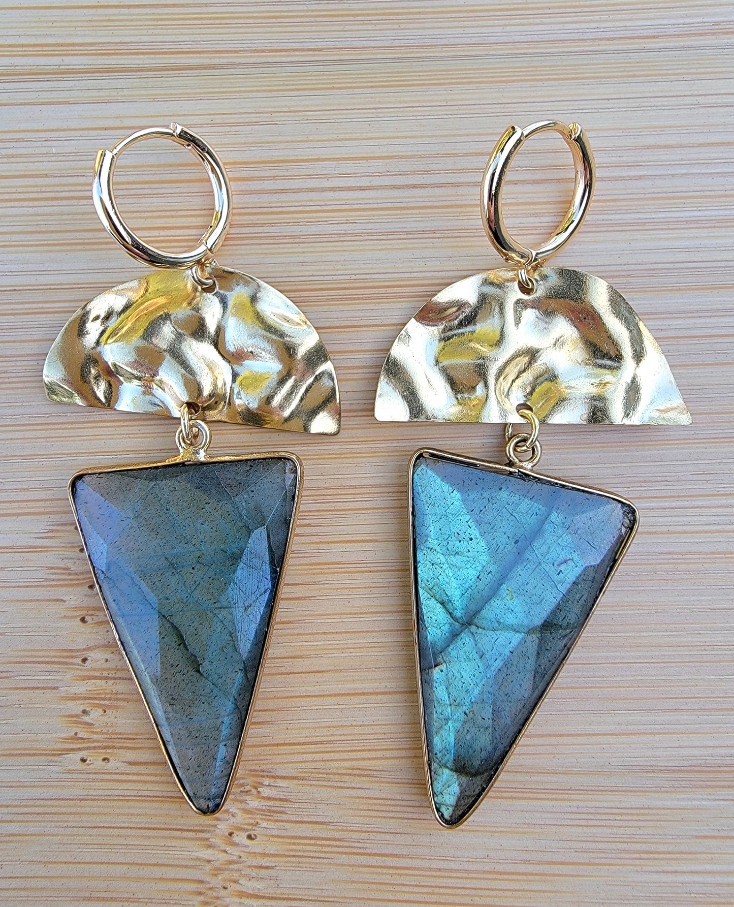 Labradorite Triangle Gold Geometric Drop Earrings