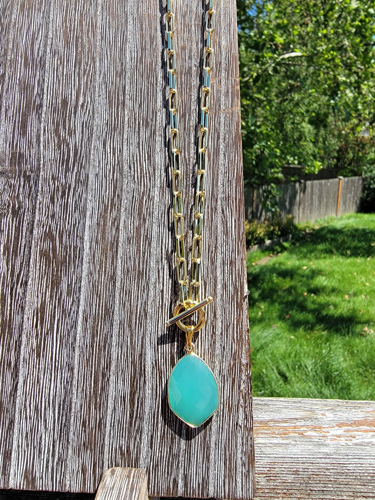 Large Aqua Chalcedony Stone with 18k Gold-filled Bezel on 16k gold-plated medium paperclip chain