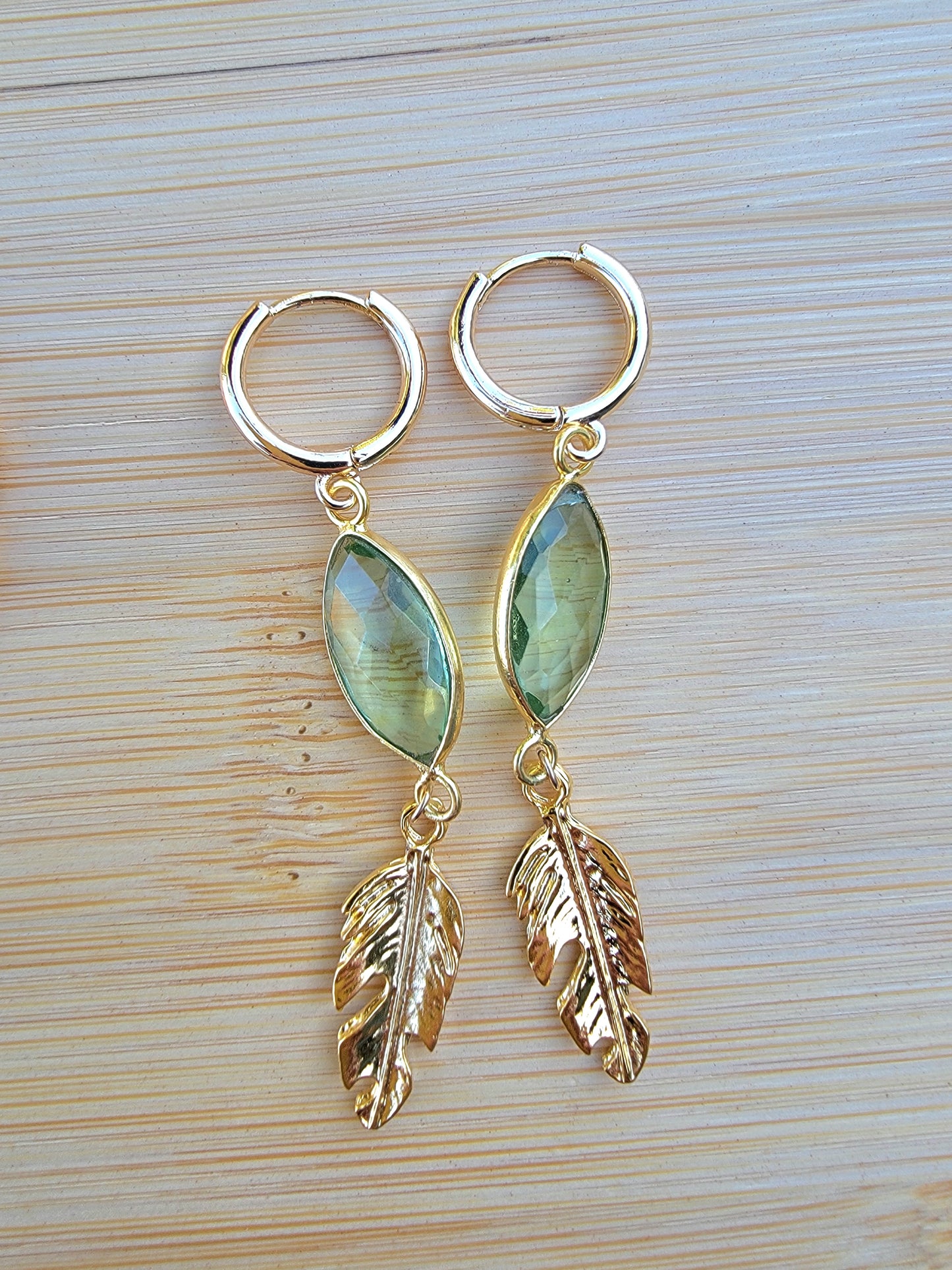 Green Amethyst Marquise Gold Feather Drop Earrings