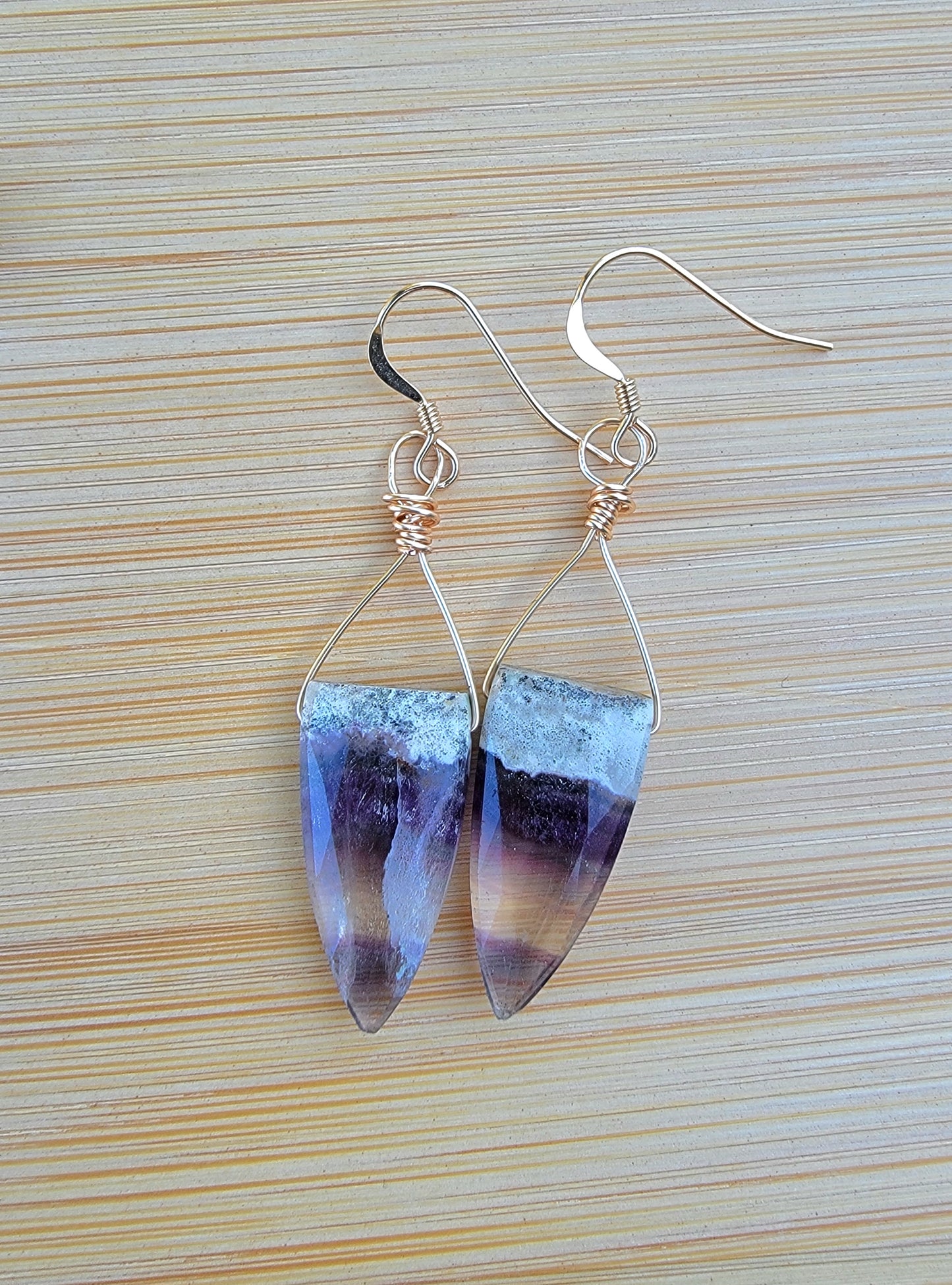 Fluorite Triangle Wire Wrapped Drop Earrings