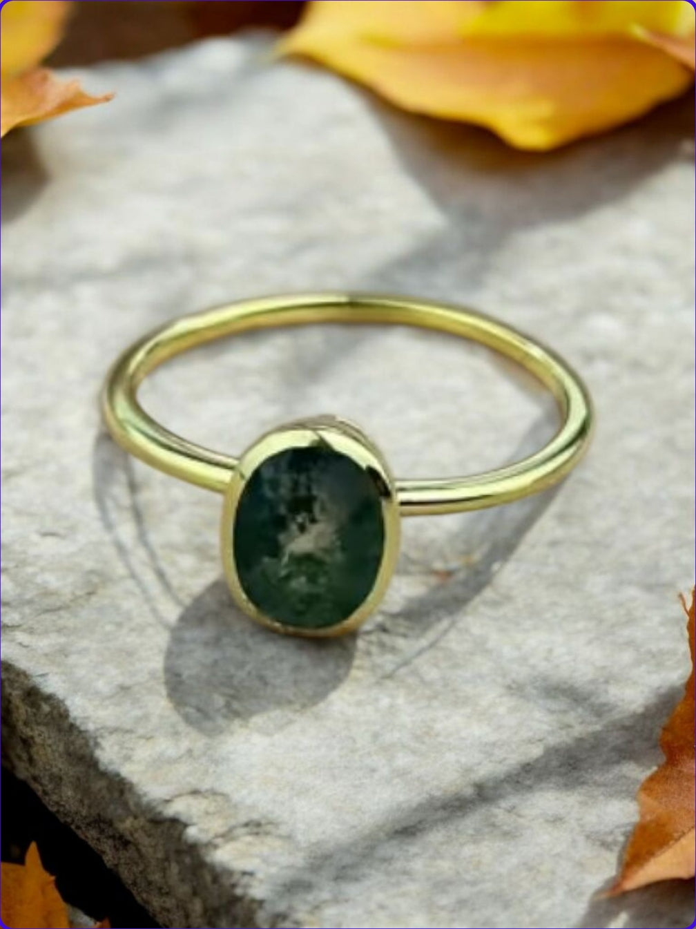 Moss Agate Oval Ring in 14k Gold Vermeil