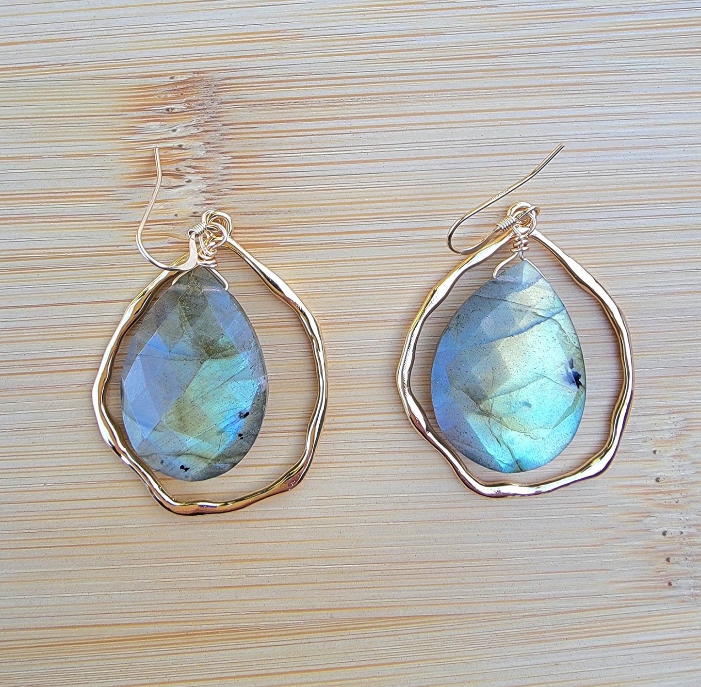 Labradorite Large Drop Earrings Gold Hammered