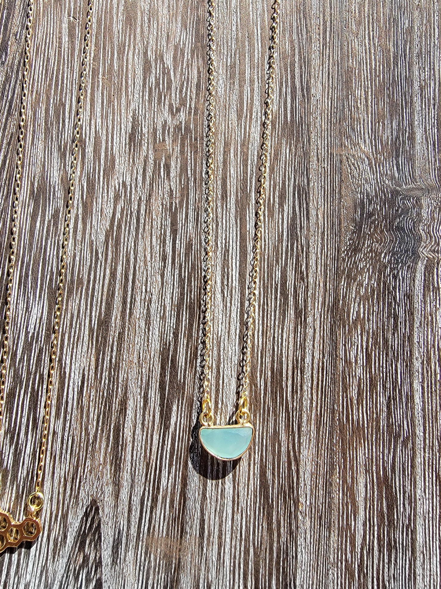 Small Aqua Chalcedony Half Circle Pendent with 16" 18k gold-filled chain