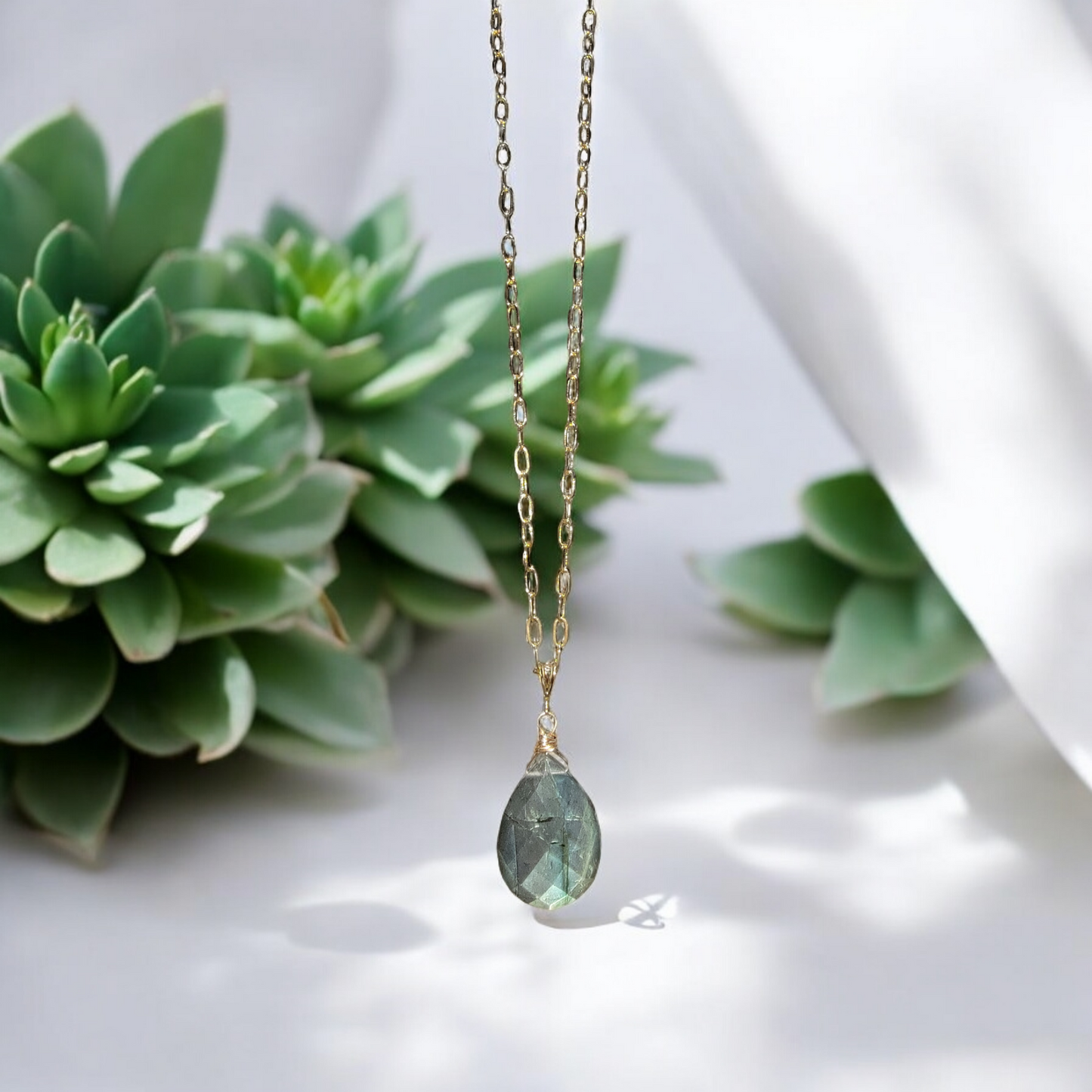 Large Teardrop Labradorite Stone Pendant on 18" 14k Medium Gold-filled Chain Necklace