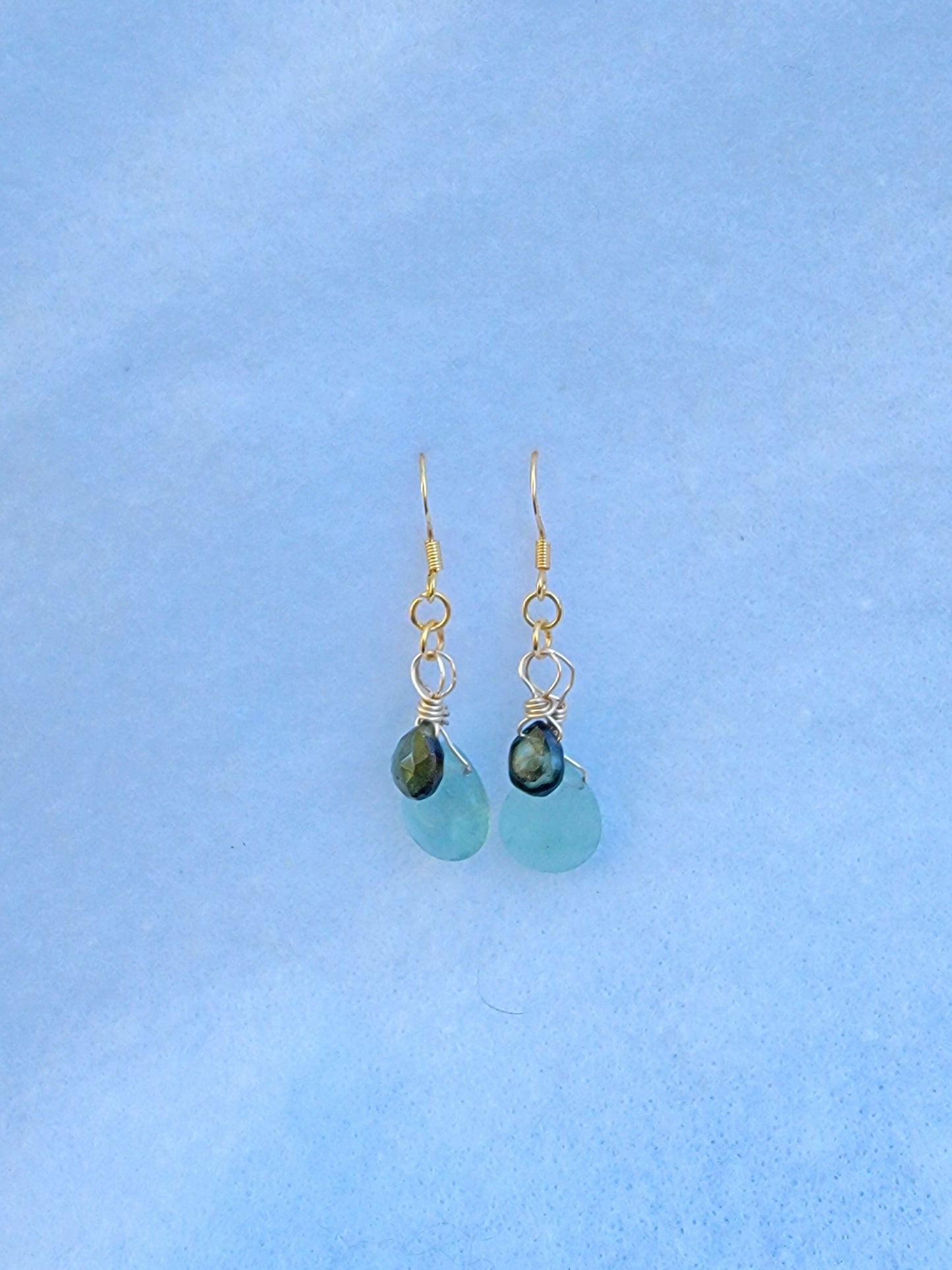 Aqua Fluorite & Evergreen Tourmaline with Gold-filled Small Drop Earrings
