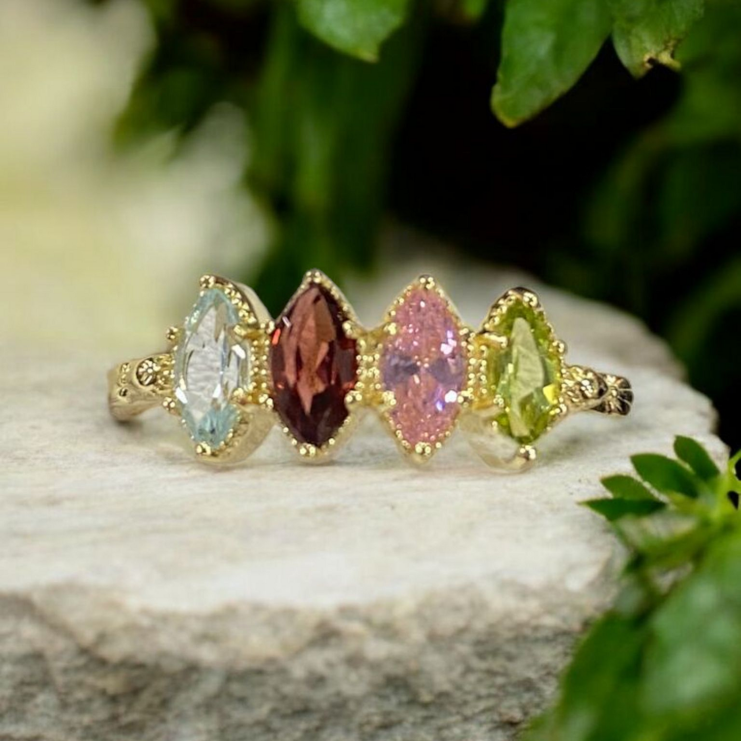 Gemstone Marquise Ring, 14k Gold Vermeil or Rhodium-plated Sterling, Blue Topaz, Garnet, Pink Quartz, Peridot