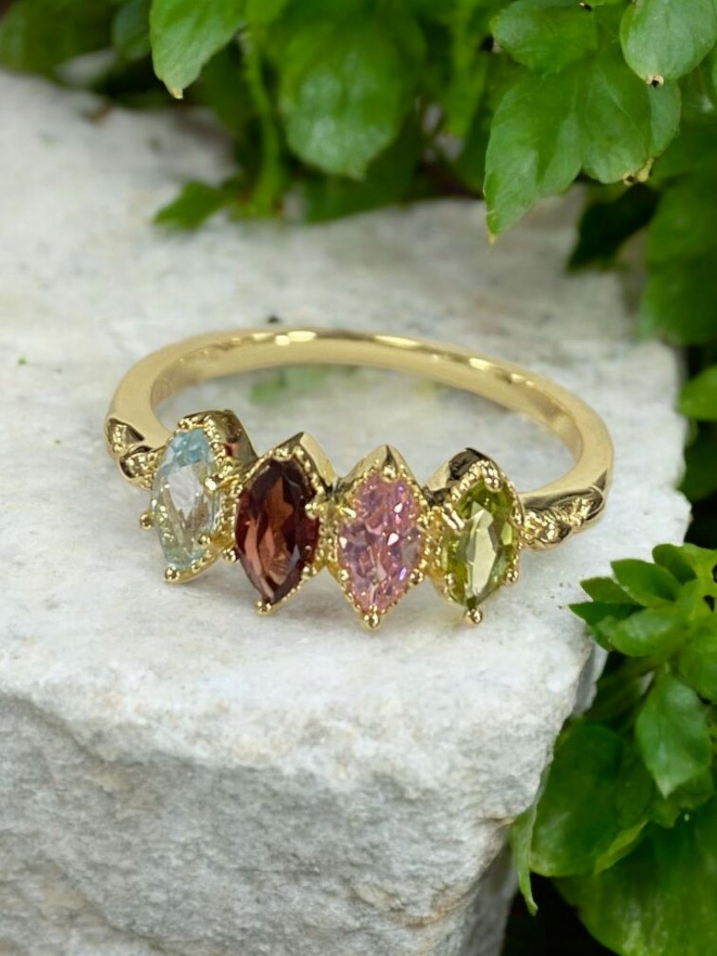 Gemstone Marquise Ring, 14k Gold Vermeil or Rhodium-plated Sterling, Blue Topaz, Garnet, Pink Quartz, Peridot