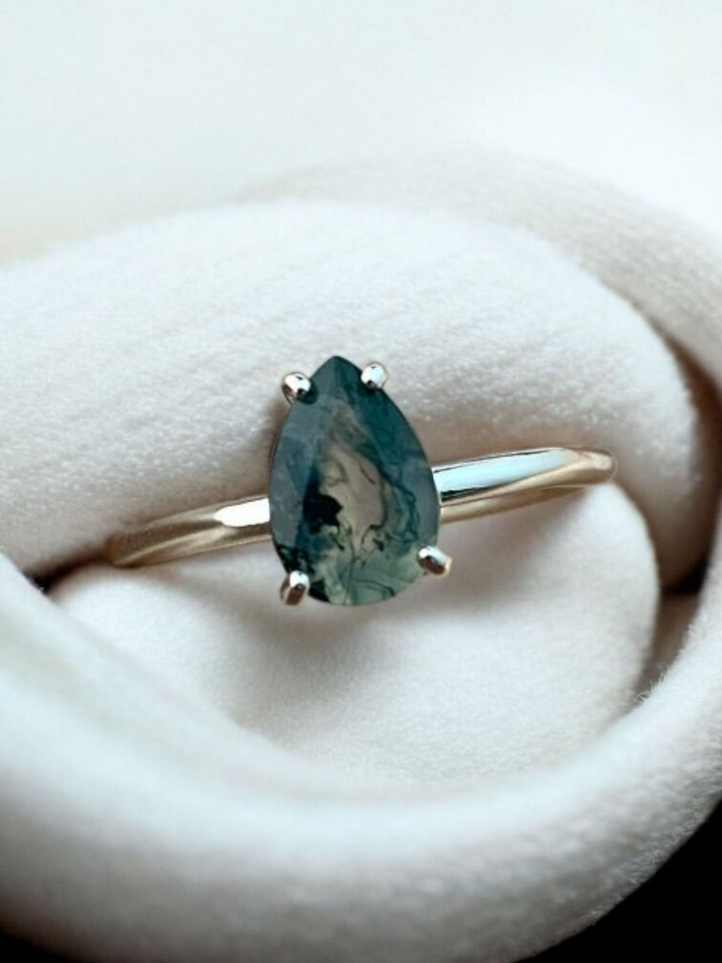 Moss Agate Teardrop Ring in Sterling Silver