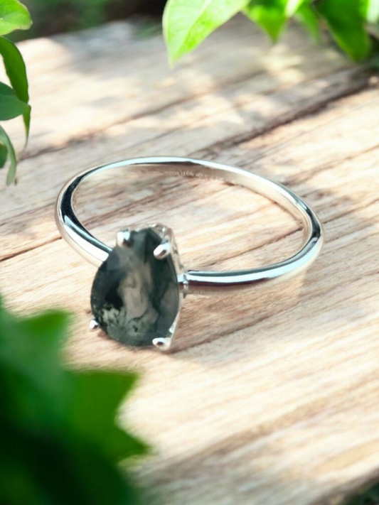 Moss Agate Teardrop Ring in Sterling Silver